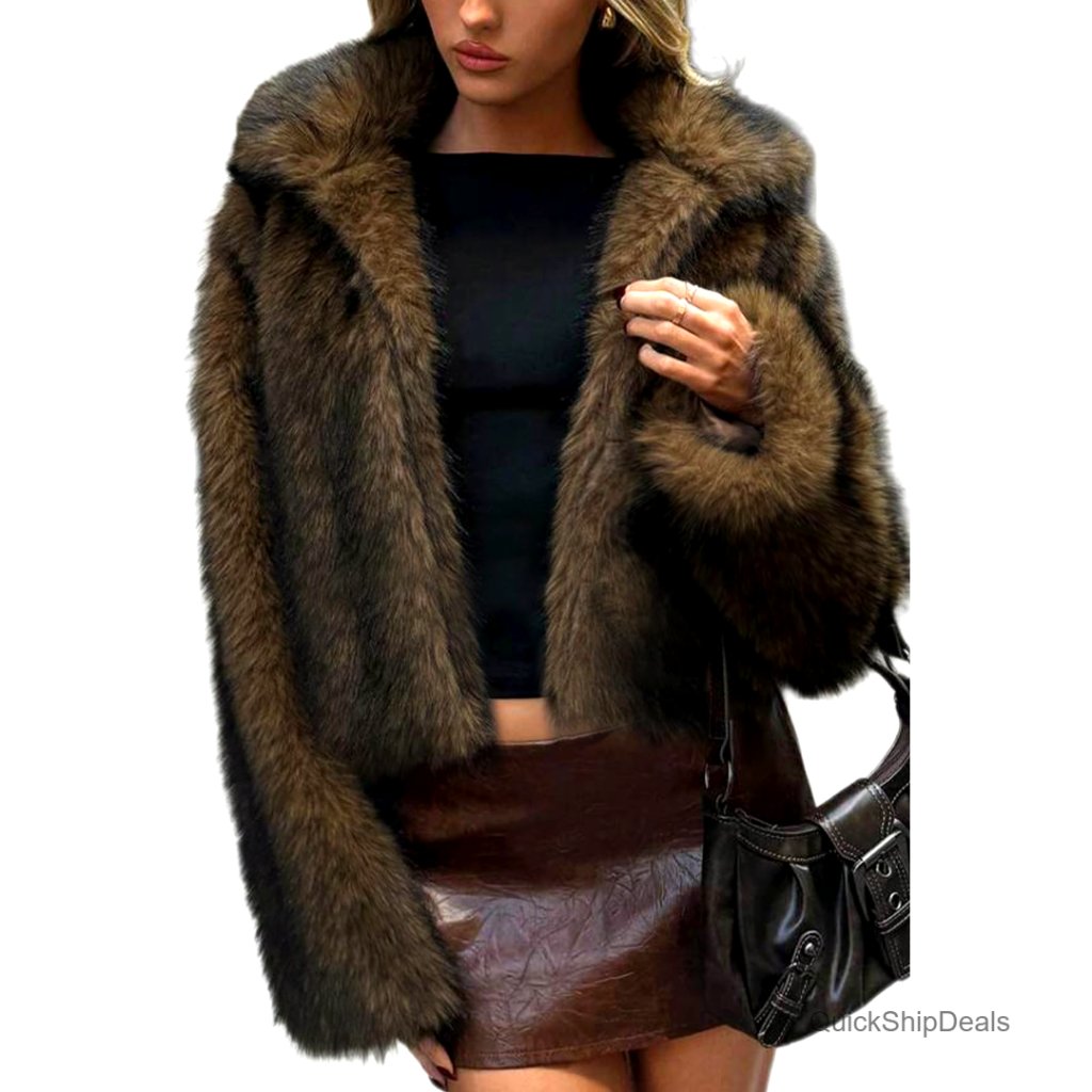 Women's Faux Fur Coat With Quilted Lining, Lapel Collar, Pockets